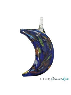 Art Glass Crescent Dolphin Pendant Blue Multicolor Statement 2.5"